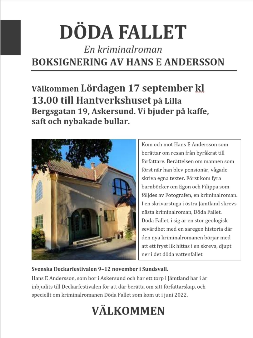 En inbjudan till boksignering av Döda fallet av Hans E Andersson